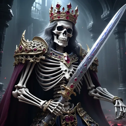 Prompt: Skeleton king wielding a (longsword) embedded with (glimmering rubies) and (sapphires) along the blade, (intense gaze) under a regal crown, darkened battlefield backdrop filled with mist, (highly detailed) features, eerie atmosphere, subtle lighting, dramatic shadows casting depth, (4K), magical aura surrounding the sword, evoking a sense of power and darkness.