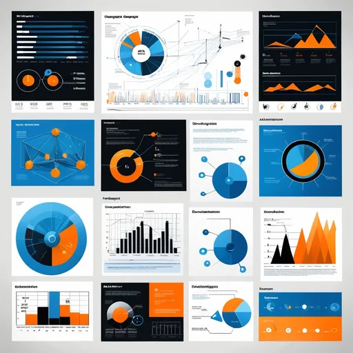 Prompt: a bunch of different types of info graphics, including graphs and numbers, with a blue background with orange and black accents, Andries Stock, objective abstraction, extreme illustration, a wireframe diagram