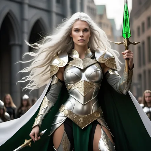 Prompt: a Valkyrie, a powerful, majestic human woman with long, flowing silver hair and piercing green eyes, perfect body, wearing a suit of armor that shines like gold in the light, perfect body, with intricate engravings of Norse mythology flowing white cape that billows behind her like a cloud. She should be holding a spear in one hand, with a shining silver tip that seems to glow with an otherworldly energy. The background should be a misty, mystical landscape with hills and towering trees, with a faint glow of the Northern Lights,shimmering aura that suggests her connection to the gods and her role as a guide for souls to Valhalla, ultra detailed,14k, sharp focus, cinematic,dslr, glamour shot,