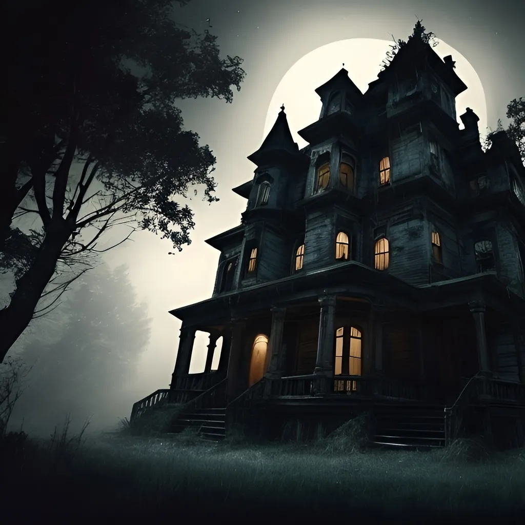 Prompt: Create a creepy scene of an old, abandoned mansion at night, hovering above the mansion is an image of “Michael Myers”, he is holding a big knife, and wearing his mask, The mansion should be surrounded by a thick, eerie fog that swirls around the trees and bushes. The windows should be boarded up, but one window on the top floor should be open, with a light flickering inside. The front door should be old and creaky, with a large, rusty doorknob that looks like it hasn't been turned in years. The porch should be covered in cobwebs, and the railing should be broken in places. The overall mood should be one of creepy, foreboding dread, as if something is lurking just out of sight. The image should be rendered in a dark, muted color palette, with plenty of shadows and texture to create a sense of depth and atmosphere, ultra detailed, uhd, 14k, cinematic, professional photography, realistic, dslr, gritty