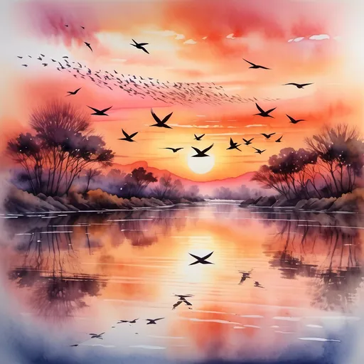 Prompt: (watercolor painting), realistic textures, a breathtaking sunset sky with vibrant orange and pink hues, scenic river reflecting the colorful sky, a dynamic flock of birds in graceful flight, gentle ripples on the water surface, peaceful and serene ambiance, careful attention to detail, visually stunning, high quality, ultra-detailed.