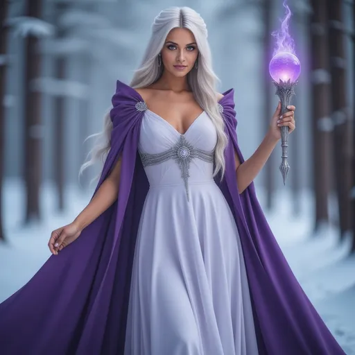 Prompt: Full body pose, of a beautiful RPG game female Mage character, she has long straight white hair, light purple eyes, perfect face, perfect body, she’s wearing a long white flowing dress with a purple hooded cape, she’s holding a silver septor that has a round purple glass orb on the tip, it is glowing showing she’s ready for battle, ultra detailed, digital art, ultra realistic digital art, uhd, 14k, cinematic, professional photography, fantasy , dslr, glamour shot, sharp focus,