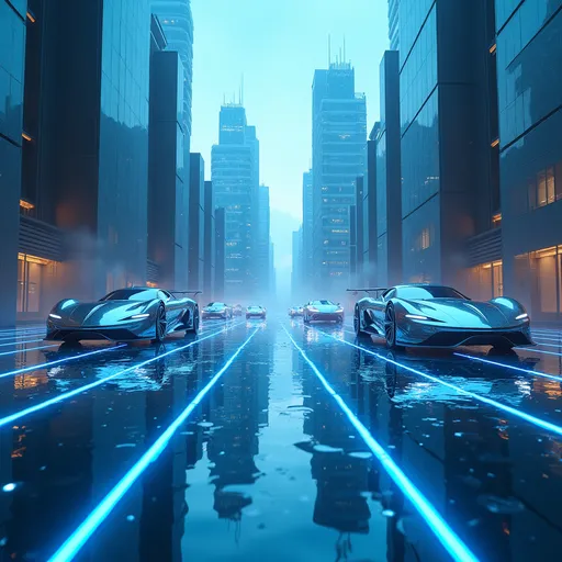 Prompt: a futuristic and surreal image of a cityscape where the buildings are made of liquid metal and the streets are filled with floating cars. The sky should be a deep, electric blue and the buildings should be reflected in the liquid metal streets. The cars should be sleek and futuristic, with glowing blue lines tracing their shapes. The overall mood should be one of high-tech wonder and excitement, as if the viewer has stumbled upon a futuristic utopia. The image should be rendered in a highly detailed and realistic style, with a focus on capturing the textures and colors of the liquid metal and the futuristic cars, uhd, cinematic, sharp focus, professional photography, low ISO