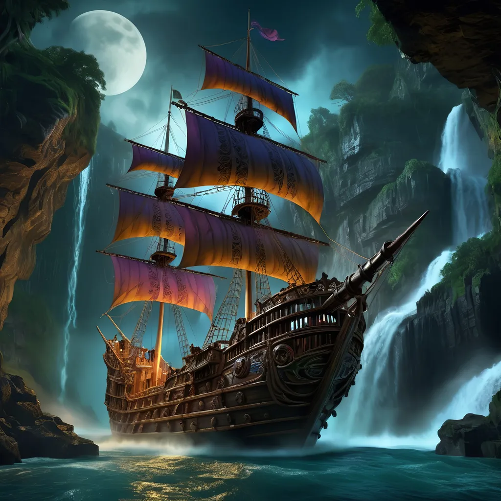 Prompt: A mystical pirate ship, 'Maverick's Revenge,' docks near a breathtaking waterfall, 'Siren's Tears,' on a stormy, moonlit night. The ship's intricate carvings, and colorful sails,glow with an ethereal light,Waves crash against the ship, threatening to engulf it,the pirates' presence disturbs the Siren's Tears. The waterfall cascades down a rocky cliff, creating a misty veil that surrounds the ship,In the distance, a faint glow emanates from the ship's windows,ultra detailed, uhd, 14k, cinematic, professional photography, realistic, dslr, glamour shot, sharp focus, very long shot