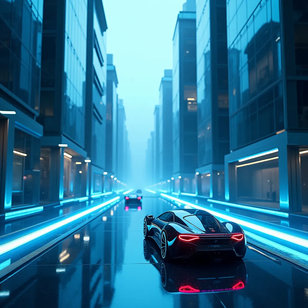 Prompt: a futuristic and surreal image of a cityscape where the buildings are made of liquid metal and the streets are filled with floating cars. The sky should be a deep, electric blue and the buildings should be reflected in the liquid metal streets. The cars should be sleek and futuristic, with glowing blue lines tracing their shapes. The overall mood should be one of high-tech wonder and excitement, as if the viewer has stumbled upon a futuristic utopia. The image should be rendered in a highly detailed and realistic style, with a focus on capturing the textures and colors of the liquid metal and the futuristic cars, uhd, cinematic, sharp focus, professional photography, low ISO