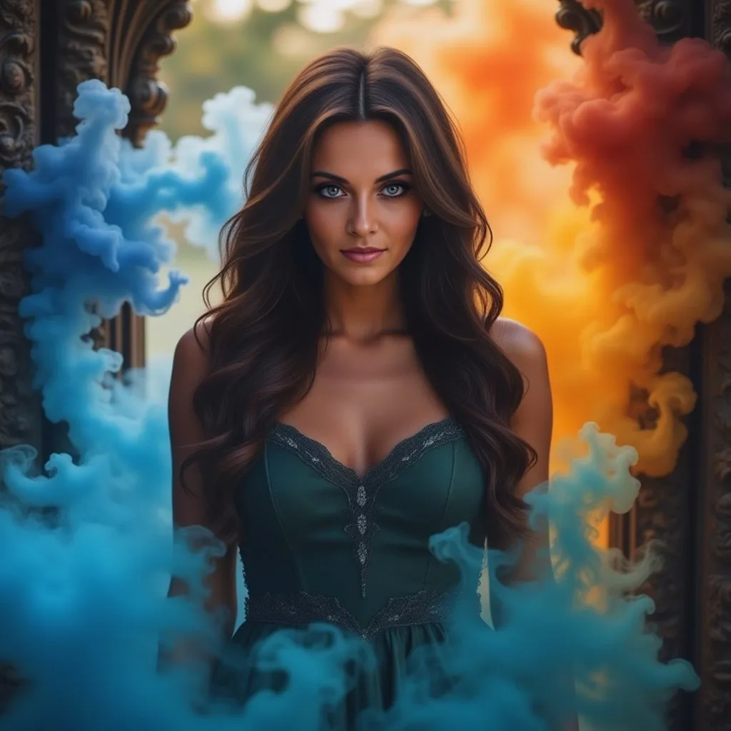 Prompt: gorgeous woman with long dark hair, blue eyes, emerging from multicolored smoke, (enchanted door) hidden in smoke opens to a (fairy realm), (whimsical), (insanely detailed), (intricate), (ornate) design, (ethereal) ambiance, (cinematic lighting), (digital art), (concept art), (turbulent fluid) dynamics, rich color palette blending effortlessly, mesmerizing fantasy landscape in the background, stunning visual depth, high-resolution 4K quality.