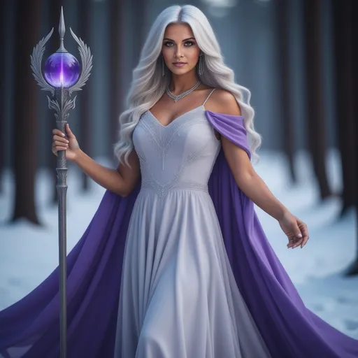 Prompt: Full body pose, of a beautiful RPG game female Mage character, she has long straight white hair, light purple eyes, perfect face, perfect body, she’s wearing a long white flowing dress with a purple hooded cape, she’s holding a silver septor that has a round purple glass orb on the tip, it is glowing showing she’s ready for battle, ultra detailed, digital art, ultra realistic digital art, uhd, 14k, cinematic, professional photography, fantasy , dslr, glamour shot, sharp focus,