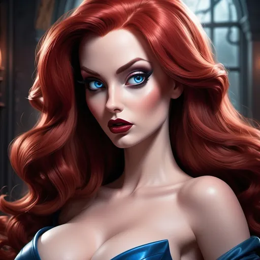 Prompt: (Hot Jessica Rabbit), full-length character, (stunningly gorgeous) face, elegant pose, majestic red hair, captivating bright blue eyes, comic book drawing, (Artgerm style), set in a horror film atmosphere, (terrifying beauty) with ominous undertones, intricate details, dynamic shadows, (highly detailed), blending cuteness with horror, memorable character design, eerie background elements, moody lighting, striking visual impact.