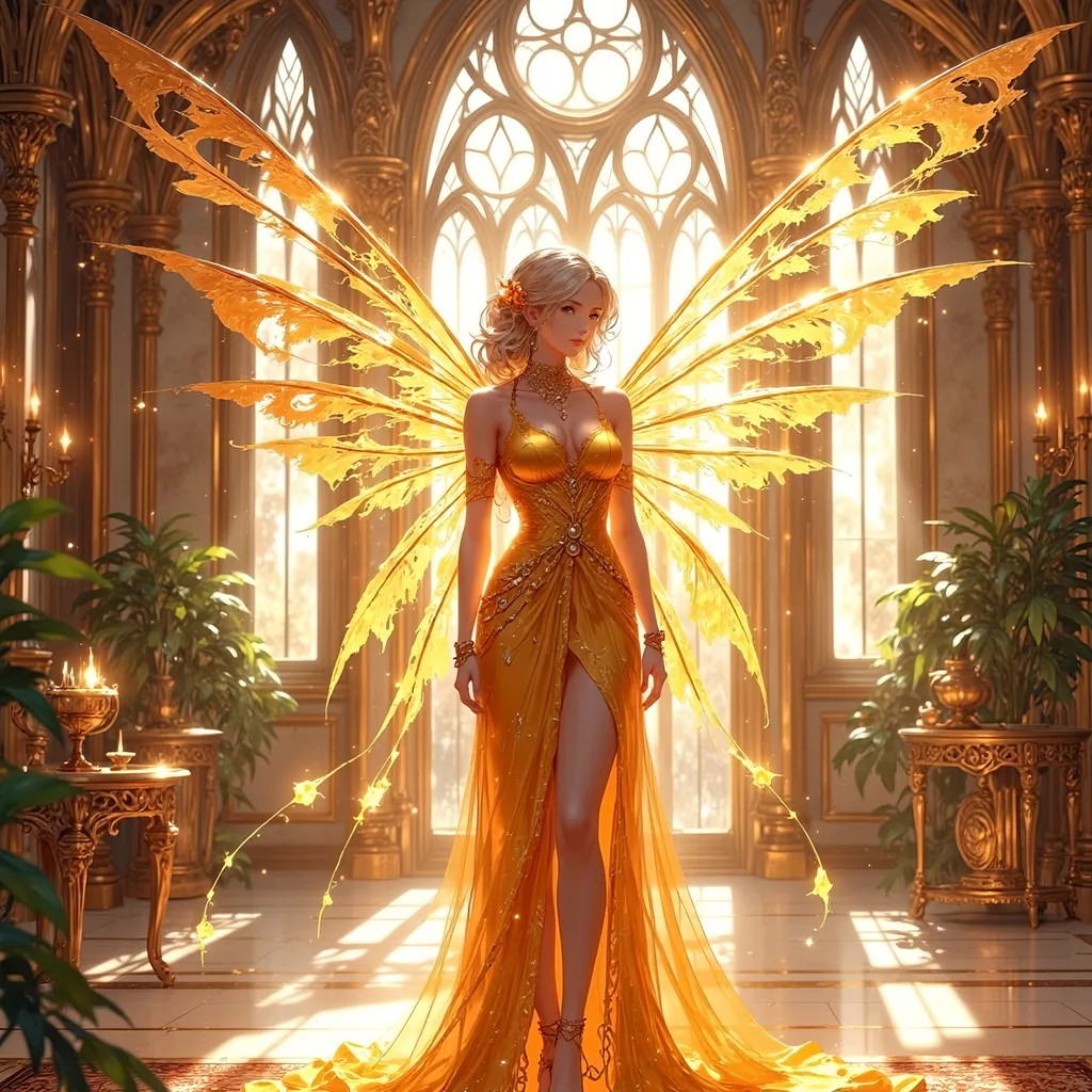 Prompt: an image of a fairy with translucent, golden wings and a matching dress. The fairy should have blonde hair and be standing in a grand, ornate room with large windows and stone walls. The room should be filled with sunlight, and the fairy should be facing to the left, with her head turned slightly towards the camera. The overall atmosphere of the image should be one of elegance and sophistication, with a touch of magic and wonder, ultra detailed, uhd, 14k, cinematic, professional photography, fantasy , dslr, glamour shot, sharp focus,