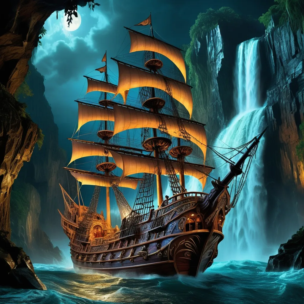 Prompt: A mystical pirate ship, 'Maverick's Revenge,' docks near a breathtaking waterfall, 'Siren's Tears,' on a stormy, moonlit night. The ship's intricate carvings, and colorful sails,glow with an ethereal light,Waves crash against the ship, threatening to engulf it,the pirates' presence disturbs the Siren's Tears. The waterfall cascades down a rocky cliff, creating a misty veil that surrounds the ship,In the distance, a faint glow emanates from the ship's windows,ultra detailed, uhd, 14k, cinematic, professional photography, realistic, dslr, glamour shot, sharp focus, very long shot