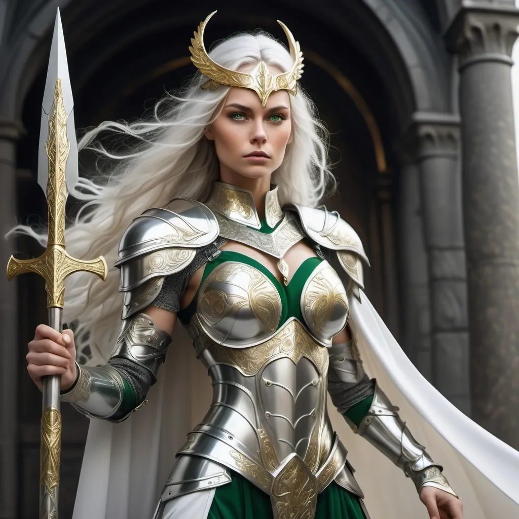 Prompt: a Valkyrie, a powerful, majestic human woman with long, flowing silver hair and piercing green eyes, perfect body, wearing a suit of armor that shines like gold in the light, perfect body, with intricate engravings of Norse mythology flowing white cape that billows behind her like a cloud. She should be holding a spear in one hand, with a shining silver tip that seems to glow with an otherworldly energy. The background should be a misty, mystical landscape with hills and towering trees, with a faint glow of the Northern Lights,shimmering aura that suggests her connection to the gods and her role as a guide for souls to Valhalla, ultra detailed,14k, sharp focus, cinematic,dslr, glamour shot,