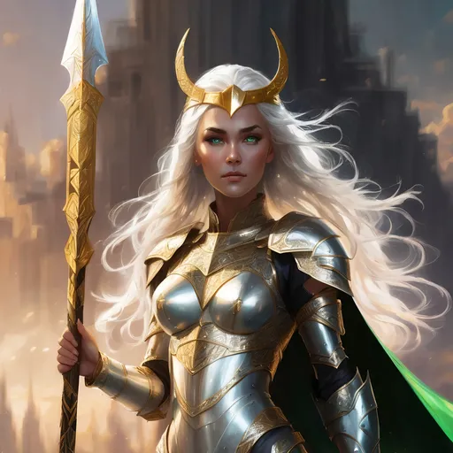 Prompt: a Valkyrie, a powerful, majestic human woman with long, flowing silver hair and piercing green eyes, perfect body, wearing a suit of armor that shines like gold in the light, perfect body, with intricate engravings of Norse mythology flowing white cape that billows behind her like a cloud. She should be holding a spear in one hand, with a shining silver tip that seems to glow with an otherworldly energy. The background should be a misty, mystical landscape with hills and towering trees, with a faint glow of the Northern Lights,shimmering aura that suggests her connection to the gods and her role as a guide for souls to Valhalla, ultra detailed,14k, sharp focus, cinematic,dslr, glamour shot,