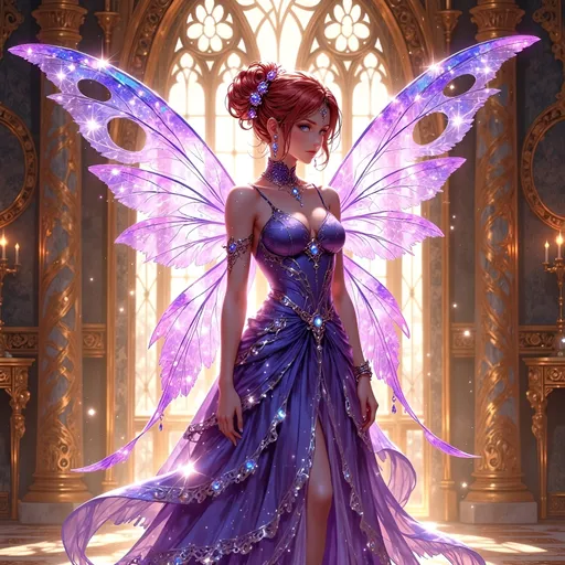 Prompt: an image of a fairy with translucent, purple wings and a matching dress. The fairy should have a red updo hairstyle and be standing in a grand, ornate room with large windows and stone walls. The room should be filled with sunlight, and the fairy should be facing to the left, with her head turned slightly towards the camera. The overall atmosphere of the image should be one of elegance and sophistication, with a touch of magic and wonder, ultra detailed, uhd, 14k, cinematic, professional photography, fantasy , dslr, glamour shot, sharp focus,