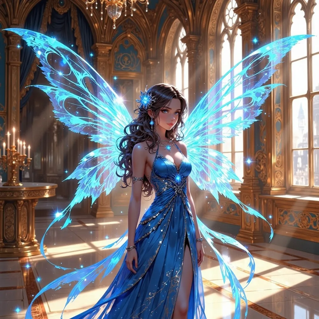 Prompt: an image of a fairy with translucent, blue wings and a matching dress. The fairy should have brown hair and be standing in a grand, ornate room with large windows and stone walls. The room should be filled with sunlight, and the fairy should be facing to the left, with her head turned slightly towards the camera. The overall atmosphere of the image should be one of elegance and sophistication, with a touch of magic and wonder, ultra detailed, uhd, 14k, cinematic, professional photography, fantasy , dslr, glamour shot, sharp focus,