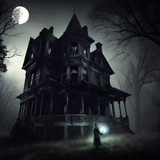 Prompt: Create a creepy scene of an old, abandoned mansion at night, hovering above the mansion is an image of “Michael Myers”, he is holding a big knife, and wearing his mask, The mansion should be surrounded by a thick, eerie fog that swirls around the trees and bushes. The windows should be boarded up, but one window on the top floor should be open, with a light flickering inside. The front door should be old and creaky, with a large, rusty doorknob that looks like it hasn't been turned in years. The porch should be covered in cobwebs, and the railing should be broken in places. The overall mood should be one of creepy, foreboding dread, as if something is lurking just out of sight. The image should be rendered in a dark, muted color palette, with plenty of shadows and texture to create a sense of depth and atmosphere, ultra detailed, uhd, 14k, cinematic, professional photography, realistic, dslr, gritty