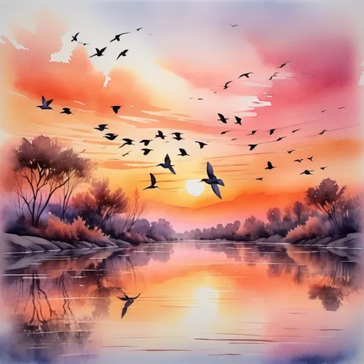 Prompt: (watercolor painting), realistic textures, a breathtaking sunset sky with vibrant orange and pink hues, scenic river reflecting the colorful sky, a dynamic flock of birds in graceful flight, gentle ripples on the water surface, peaceful and serene ambiance, careful attention to detail, visually stunning, high quality, ultra-detailed.