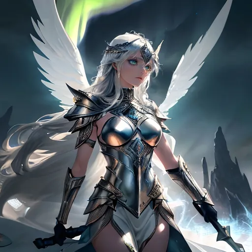 Prompt: a captivating image of a Valkyrie, a powerful and majestic woman with long, flowing silver hair and piercing green eyes, perfect body, wearing a suit of armor that shines like gold in the light, perfect body, with intricate engravings of Norse mythology, The armor should be adorned with a flowing white cape that billows behind her like a cloud. She should be holding a spear in one hand, with a shining silver tip that seems to glow with an otherworldly energy. The background should be a misty, mystical landscape with rolling hills and towering trees, with a faint glow of the Northern Lights in the distance. The Valkyrie should be standing heroically, with a confident expression and a sense of strength and determination. She should be surrounded by a subtle, shimmering aura that suggests her connection to the gods and her role as a guide for souls to Valhalla, ultra detailed , uhd, 14k, cinematic, professional photography, fantasy , dslr, glamour shot, sharp focus, gritty, heroic