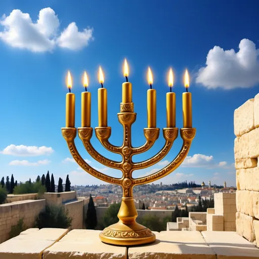 Prompt: Draw me a lit golden menorah with a total of seven branches against a background of Jerusalem stone with a brilliant blue sky with a few puffy clouds