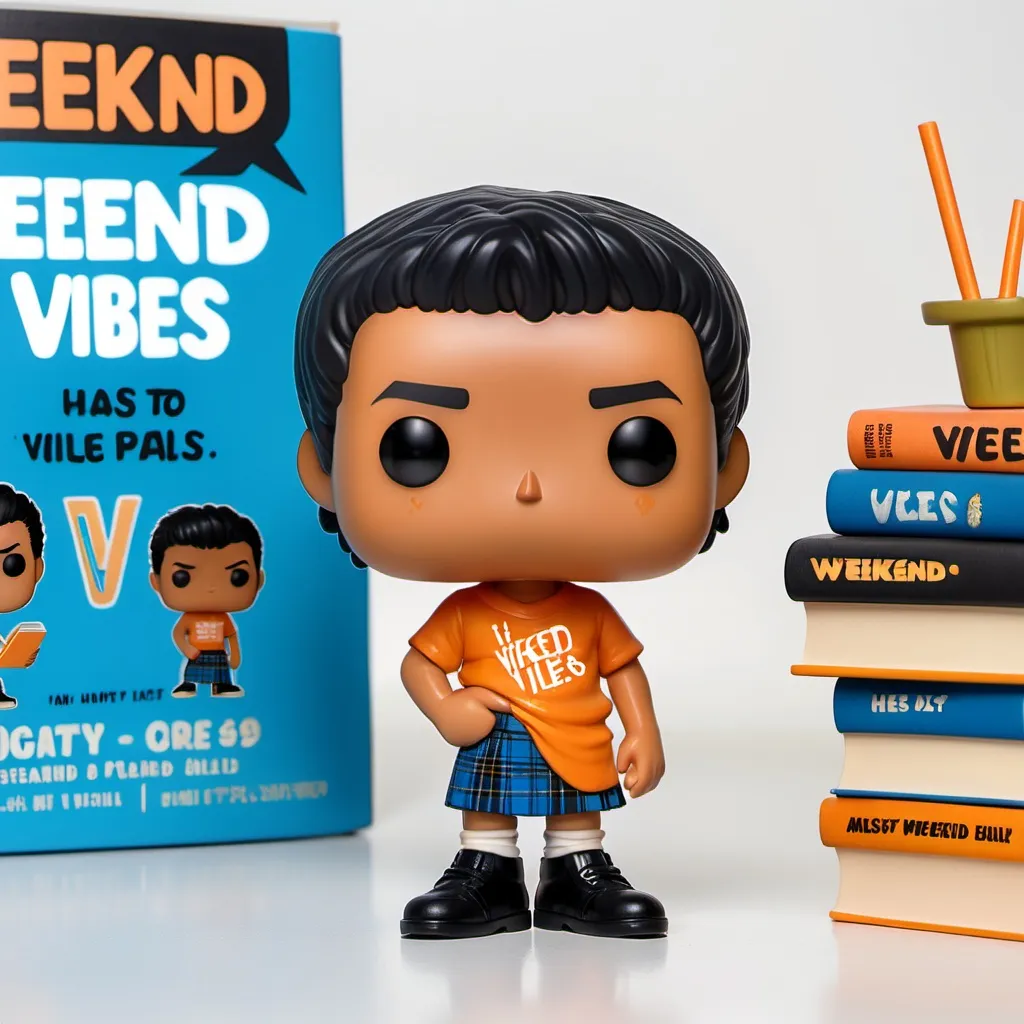 Prompt: Funko Pop of a young boy who like book. He has messy, jet black hair. He has a orange shirt that says 'weekend vibes'. He wear blue kilt patterned pants. He has alight brown skin tone.