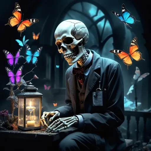 Prompt: Creepy Skeleton Dr wearing gloves. There are butterflies floating around