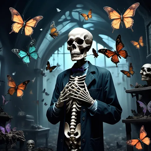 Prompt: Creepy Skeleton Dr wearing gloves. There are butterflies floating around