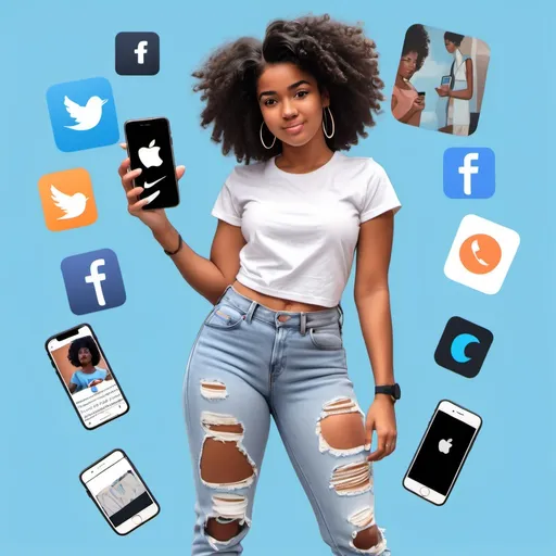 Prompt: Create a brown skinned African American pear shaped figure woman with short curly black haire standing in front of a big cell phone, she's wearing ripped powder blue jeans, white T-shirt and Nike Air Force One shoes, the phone behind her showing social media apps like BIGO Live, twitter, Instagram, Facebook, social app logos splashing around outside of the phone with vivid powder blue color liquids coming from the floor, this image is detail high quality colors intense full aspect view