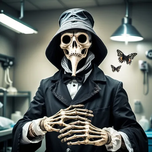 Prompt: Creepy plague  Doctor Skeleton wearing dirty gloves. There are butterflies floating around in a dirty used operation room.