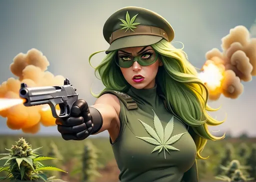 Prompt: woman with superpowers of marijuana. fighting against soldiers shooting guns at her