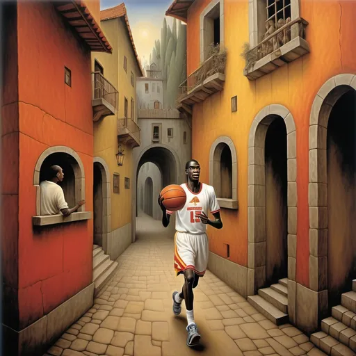 Prompt: spiritual clarity of basketball mutombo and adoring fans also passageways
in the style of remedios varo