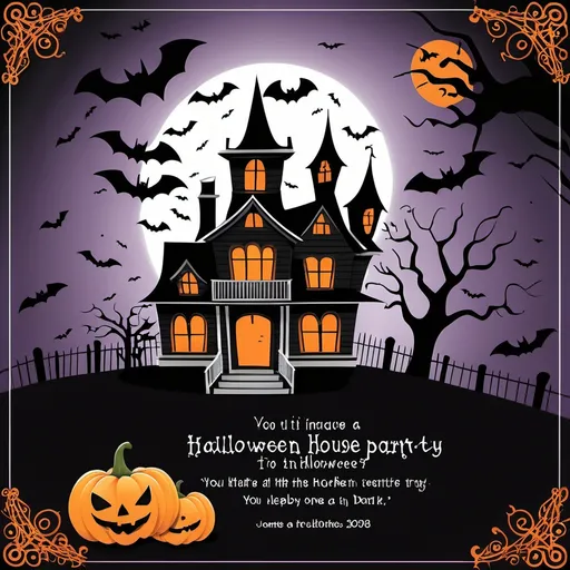 Prompt: Design an image that will act as a Halloween Party invite for an adult costume party.  Use the exact sentences and statements in the text of the invitation.  Use a haunted house as the background with bats and pumpkins.  Don’t make it too cheerful, or too dark. The sentences in quotations are the ones to replicate on the invite.
“You’re Invited to a Halloween Mixer Costume Party!”
“Hosted by: Sean and Chris”
“Date: Saturday, October 26”
“Time: 7:00 PM”
“Location: 6612 Law Drive SW”
“Note: This is a costume party – enough said!”