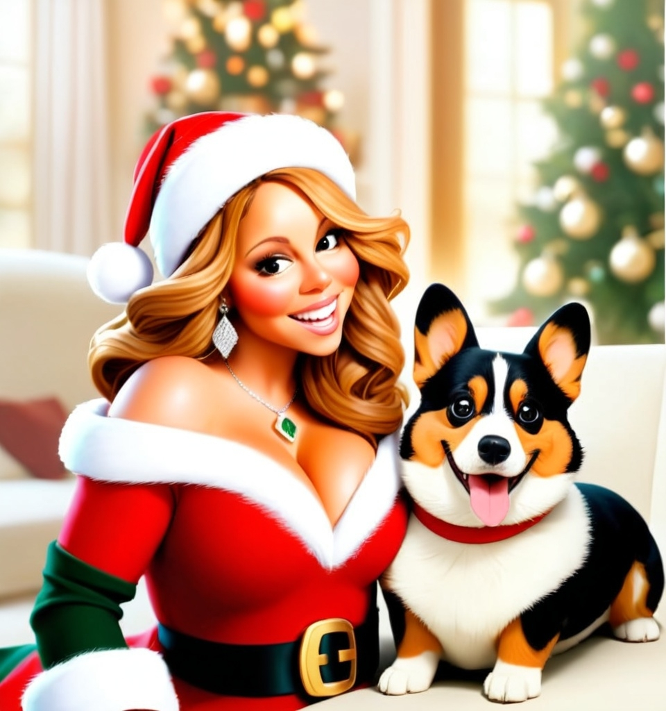 Prompt: Mariah Carey and Tricolor Corgi in Christmas theme