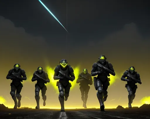 Prompt: Futuristic sci-fi, squad of twenty super soldiers, wearing black armor and backpacks with yellow neon LED lights, armed with advance assault rifles, running across the battlefield firing yellow energy projectiles, wasteland terrain, nighttime, dark yellow sky.