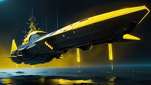 Prompt: Futuristic sci-fi, fleet of frigates and corvettes, cybernetic textures, super long exterior, in black with yellow neon LED lights, traveling through deep yellow space.