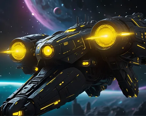 Prompt: Futuristic sci-fi, colossal battlecruisers, cybernetic textures, in black with yellow neon LED lights, traveling through deep space.