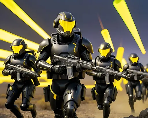 Prompt: Futuristic sci-fi, squad of twenty android troopers, wearing black armor and backpacks with yellow neon LED lights, armed with advance assault rifles, running across the battlefield firing yellow energy projectiles, wasteland terrain, nighttime, dark yellow sky.