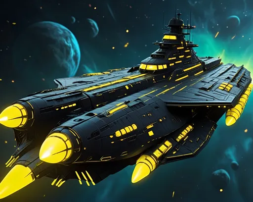 Prompt: Futuristic sci-fi, fleet of 25000 colossal battleships, cybernetic textures, long exterior, in black with yellow neon LED lights, traveling through deep yellow space, broad formation.