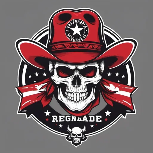 Prompt: Create a dynamic football logo with a skull, dressed as a renegade with a cowboy hat and bandana, using bright, red, black and white. Include a star on the cap of the skull. Include American footballs in the logo. Include the team name renegades in the logo.