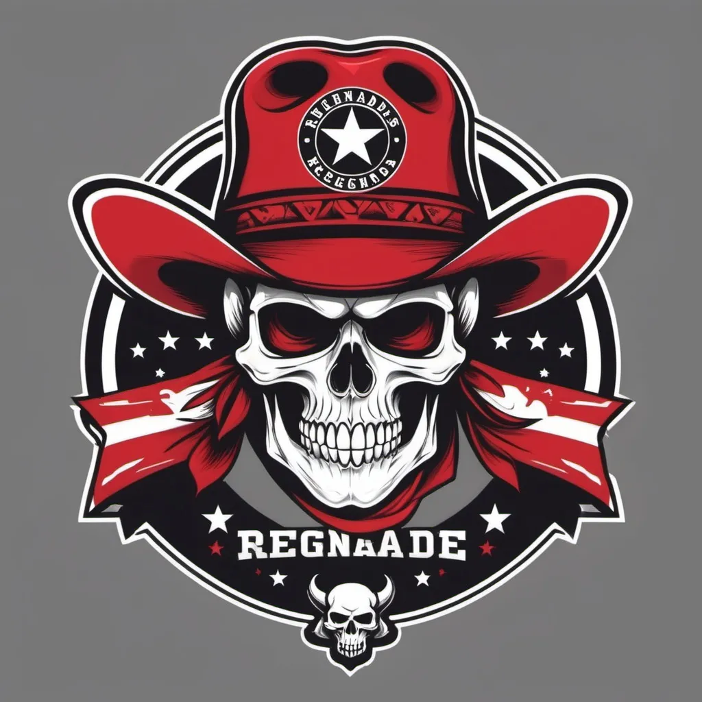 Prompt: Create a dynamic football logo with a skull, dressed as a renegade with a cowboy hat and bandana, using bright, red, black and white. Include a star on the cap of the skull. Include American footballs in the logo. Include the team name renegades in the logo.