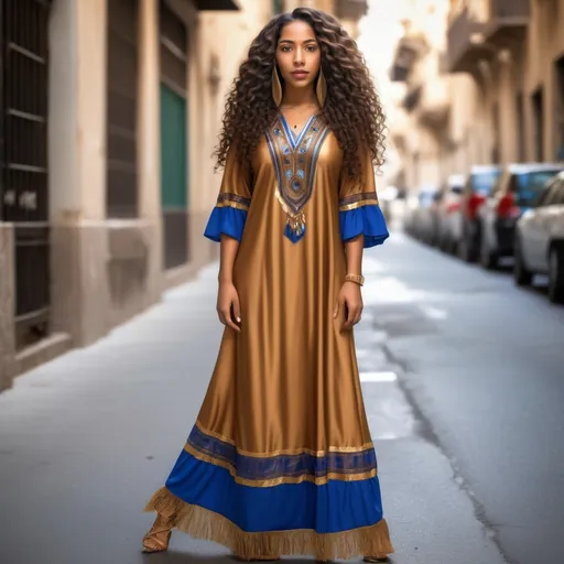 Prompt: Beautiful Italian Hebrew Israelite woman with brown skin complexion with long curly hair, wearing a pretty ankle length dress that has a blue border around the bottom of the hem with gold fringes around the border of the dress standing in a lucrative business called Gia