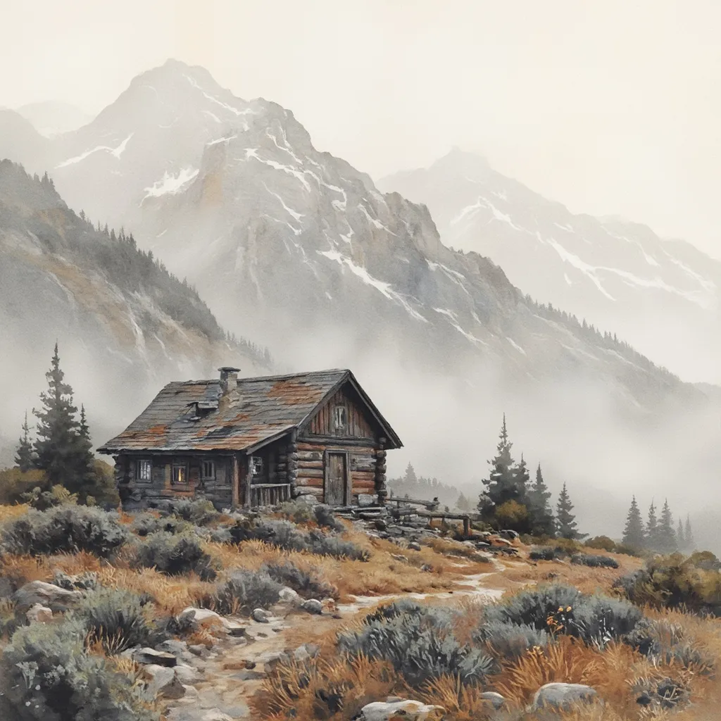 Prompt: watercolor, cabin in mountains, foggy, rustic, dramatic fantasy settlement scene, warm tones