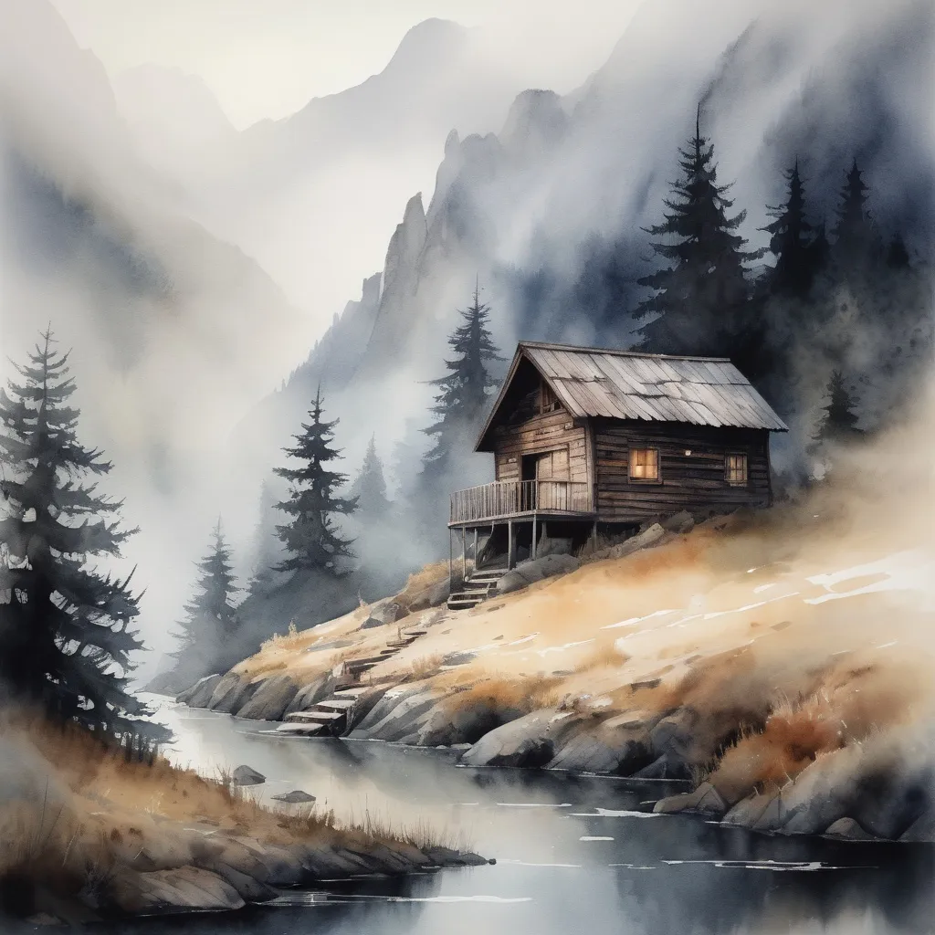 Prompt: watercolor, cabin in mountains, foggy, rustic, dramatic fantasy settlement scene, dark tones