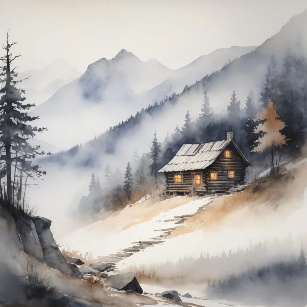 Prompt: watercolor, cabin in mountains, foggy, rustic, dramatic fantasy settlement scene, winter tones