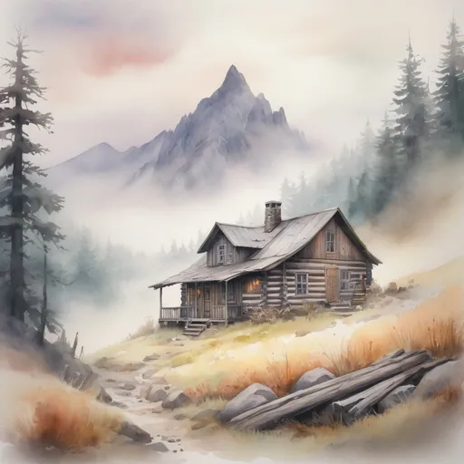 Prompt: watercolor, cabin in mountains, foggy, rustic, dramatic fantasy settlement scene, pastel tones