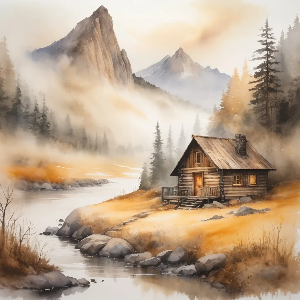 Prompt: watercolor, cabin in mountains, foggy, rustic, dramatic fantasy settlement scene, golden tones