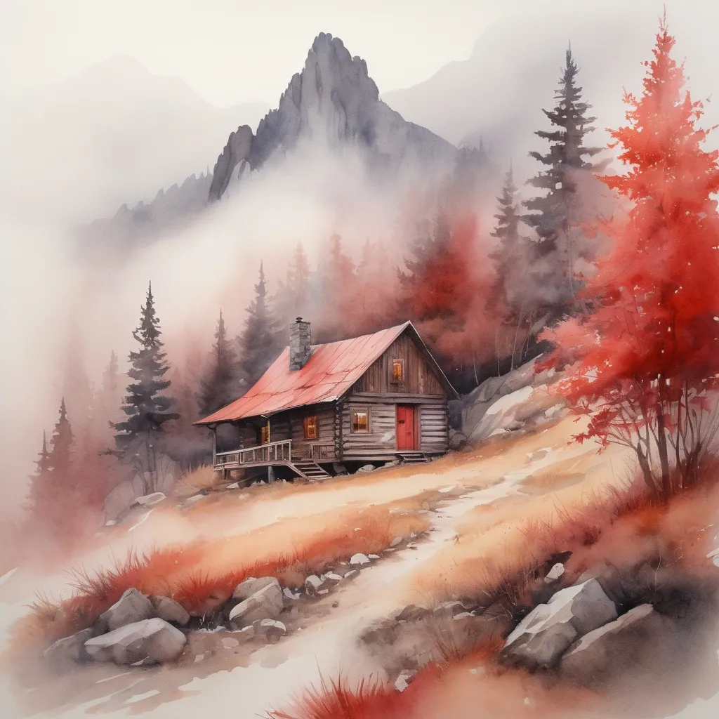 Prompt: watercolor, cabin in mountains, foggy, rustic, dramatic fantasy settlement scene, red tones