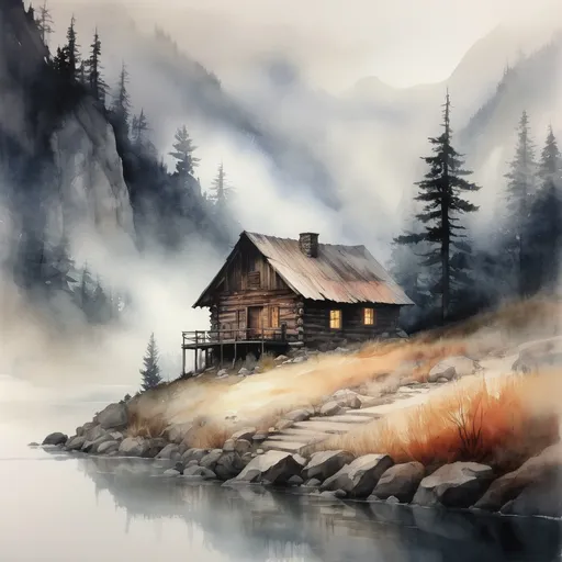 Prompt: watercolor, cabin in mountains, foggy, rustic, dramatic fantasy settlement scene, deep tones