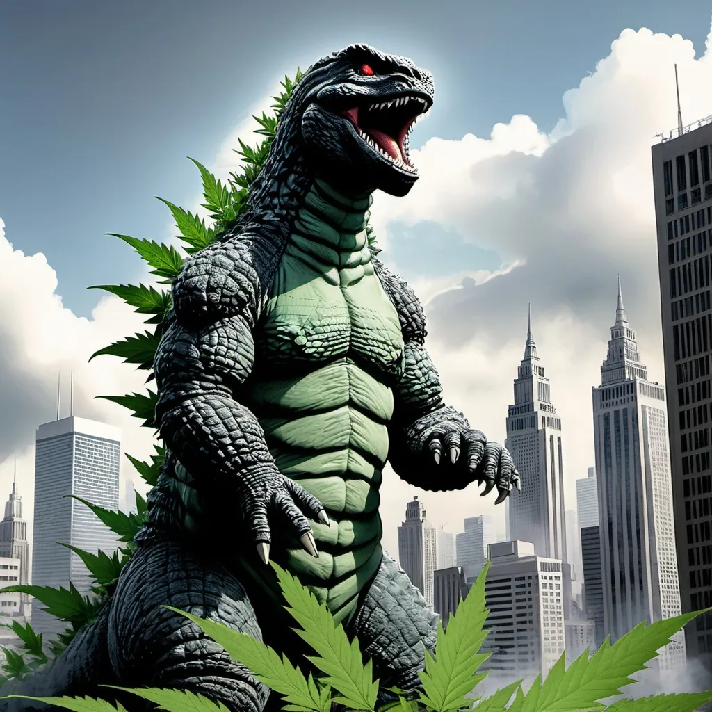 Prompt: I want Godzilla in a city full of cannabis