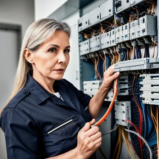 Prompt: <mymodel> adult electrician middle age lady in uniform at work