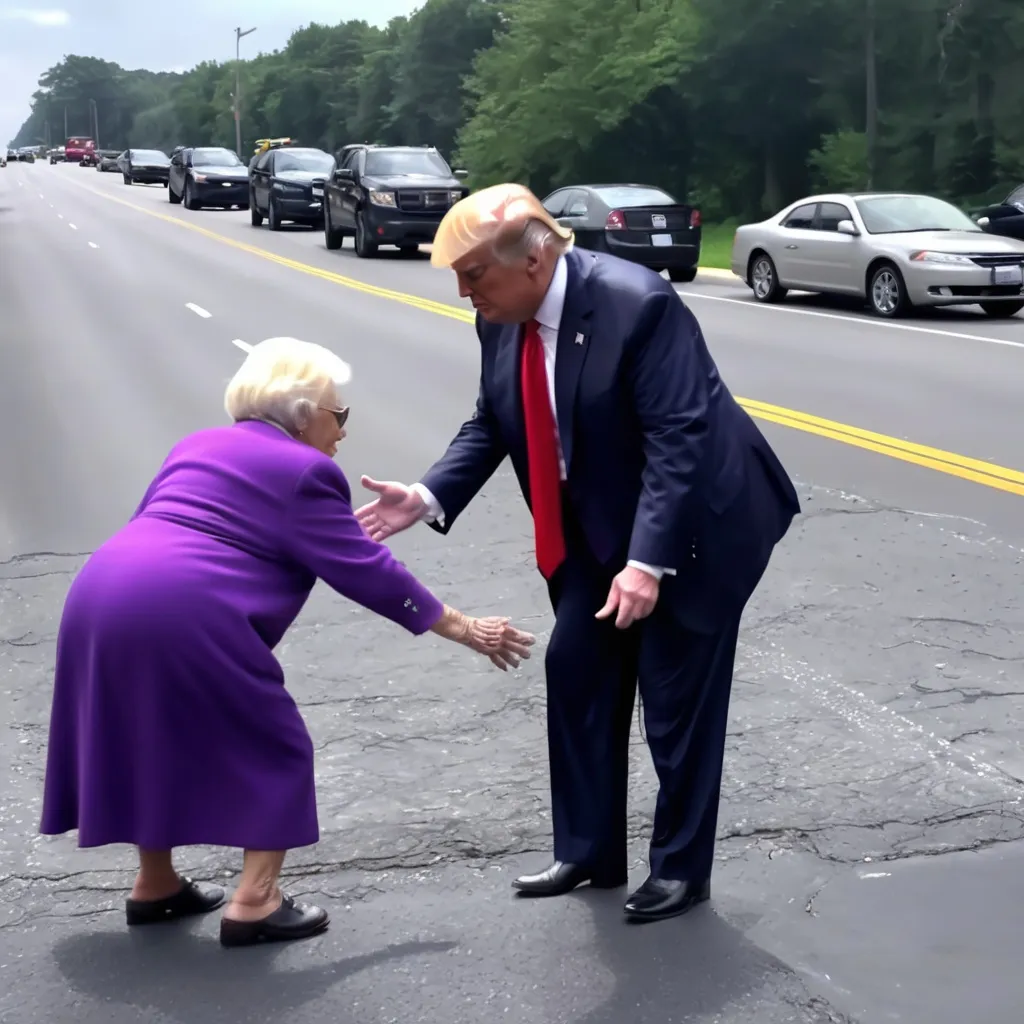 Prompt: trump helps old lady to crosso the road