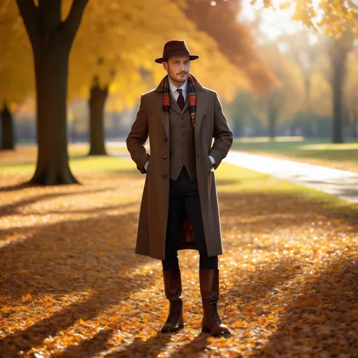 Prompt: A distinguished gentleman standing in a vibrant autumn park, wearing a tailored wool coat in deep brown, a classic fedora hat, a plaid scarf, and polished leather boots. His outfit includes a crisp white shirt, a waistcoat, and dark trousers, all perfectly fitted. The scene is softly lit with golden sunlight filtering through the falling leaves, and the background shows a minimalistic, elegant cityscape with autumn trees. Photorealistic, high detail, natural lighting, and subtle shadows.